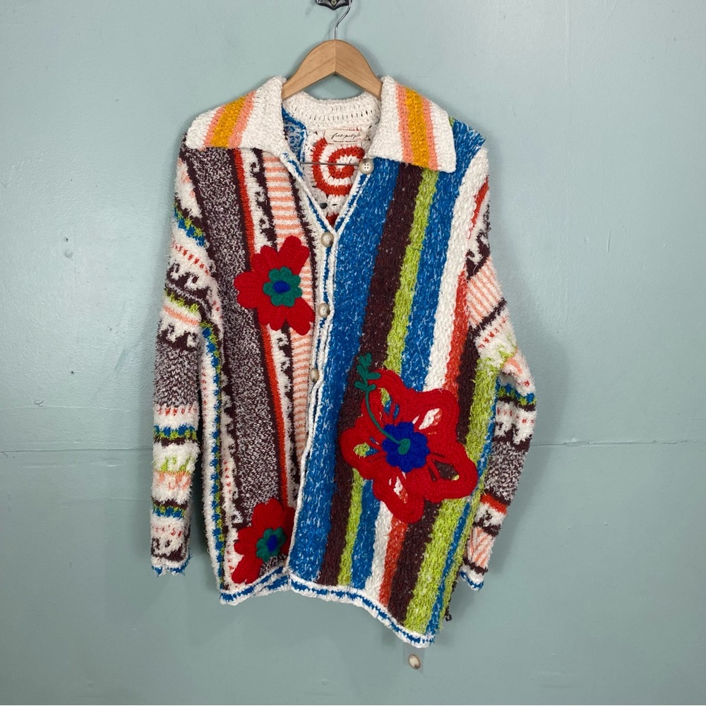 Free People Terry‎ Towel Cardi Calypso Cardigan Sweater Floral Artsy XS - Picture 2 of 10